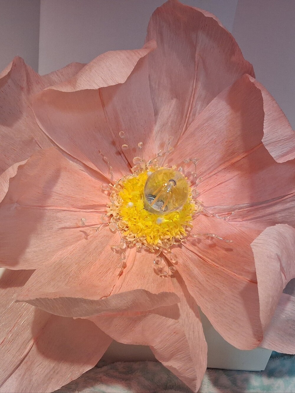 Pink Chalked Italian Crepe Paper Flower Hanging Lamp with Yellow Center, LED